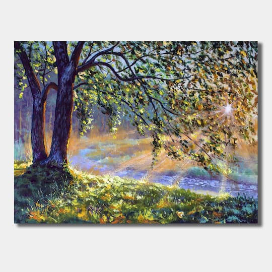 Designart - Tree By River First Rays Of Afternoon Sun - Farmhouse Canvas Wall Art Print